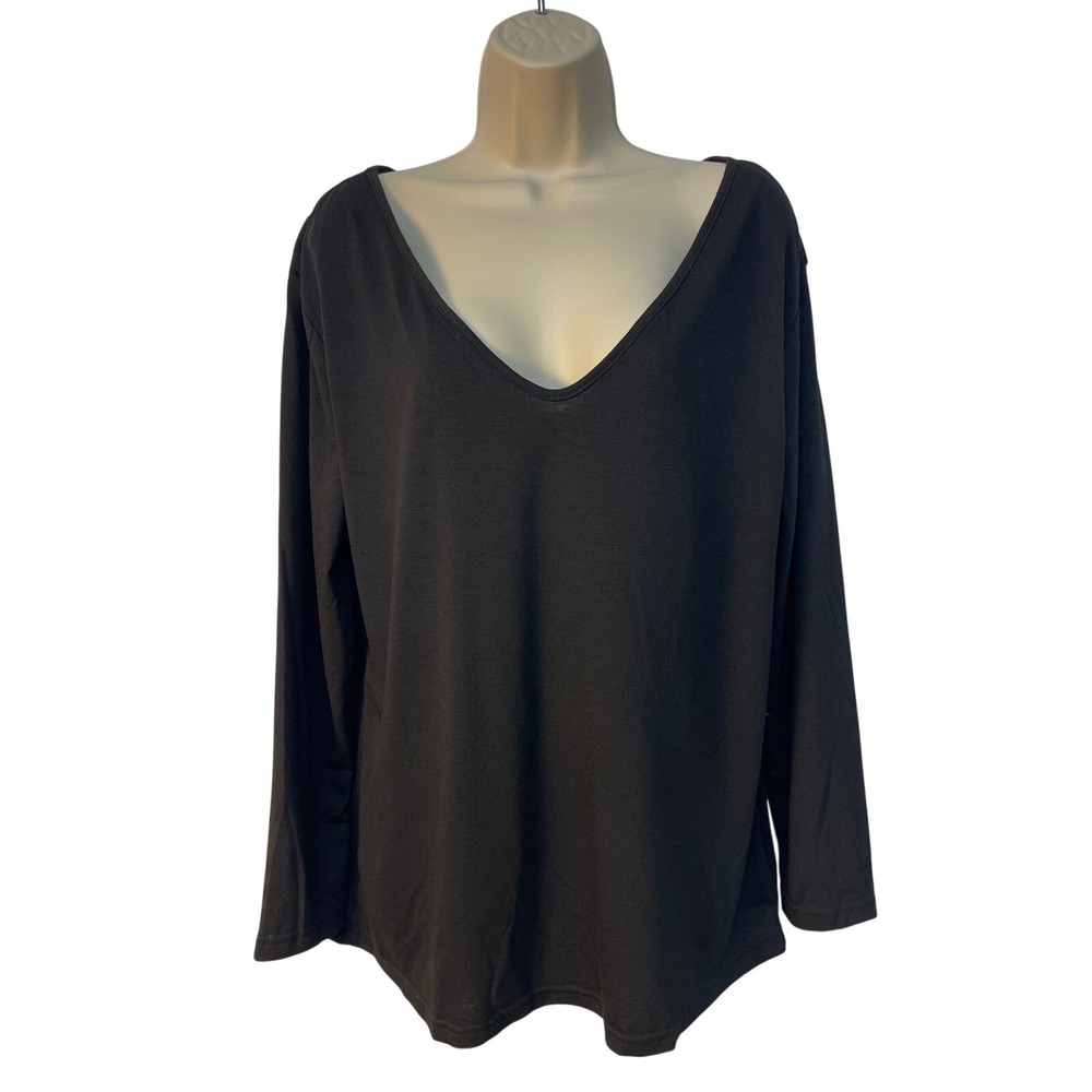 Black Deep V-Neck Long Sleeve Top Jersey Knit Stretch Shirt Large M1H221